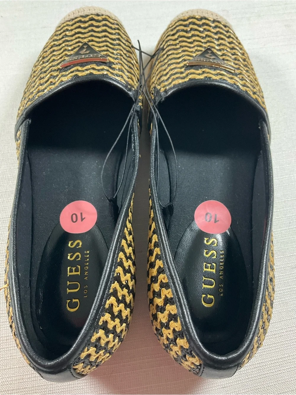 NEW GUESS Shiny Black Tan Gold Woven Jute Espadrille Slip-Ons Women’s Size 10